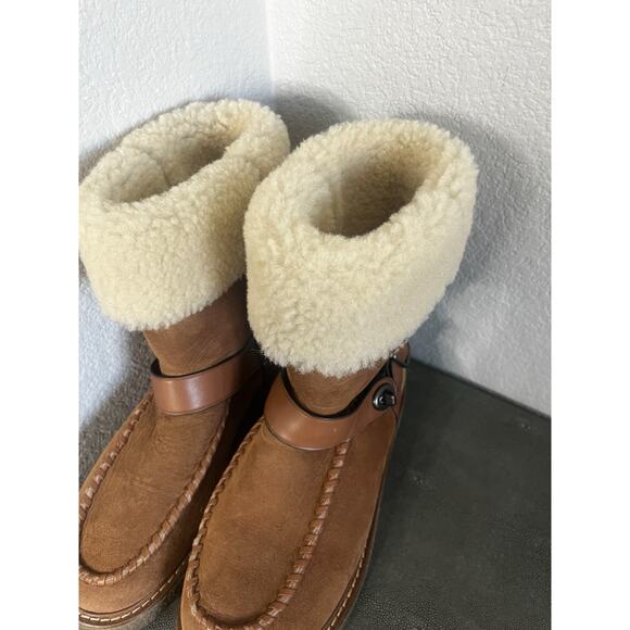 COACH Moto Shearling Turnlock Harness Brown Suede Winter Boot Size 7 - Picture 10 of 12